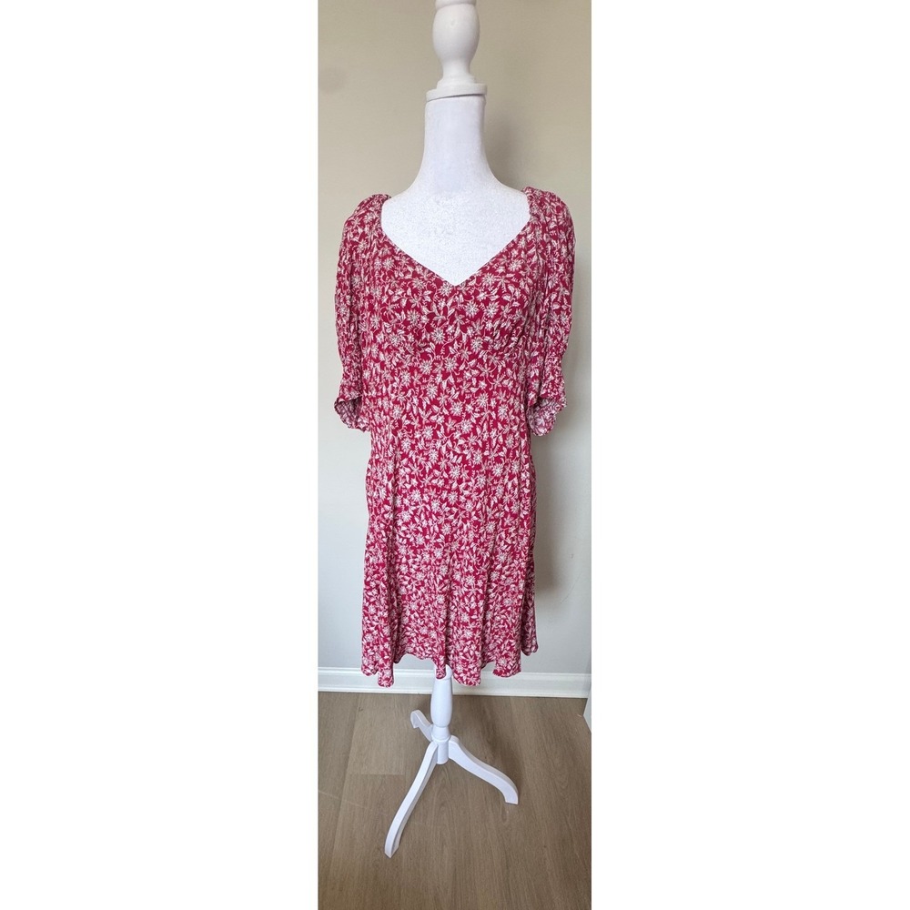 Madewell Red‎ Floral Puff Sleeve Smocked Mini Dress Size 14 Sweetheart Neck - Picture 5 of 8